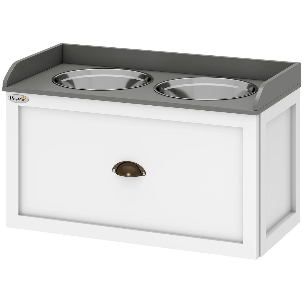 Stainless Steel Raised Dog Bowls, with 21L Storage Drawer for Large Dogs and Cats - White
