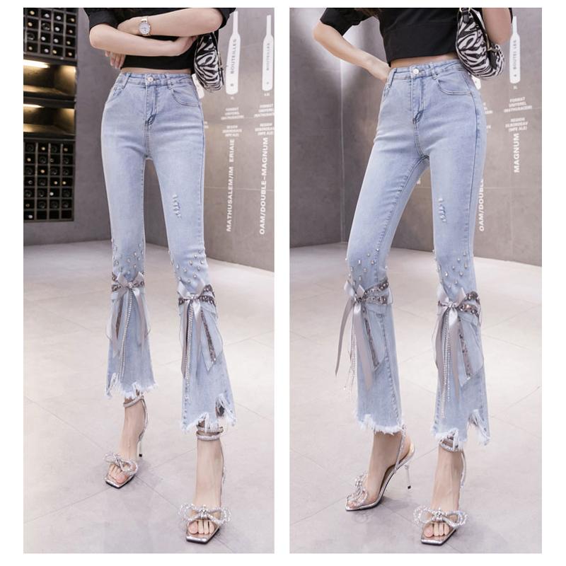 Spring 2022 Womens Fashion High Waist Women's Bow Jeans Skinny Tassel Woman Denim Capris Flare Pants Jean Mom Jeans Trousers