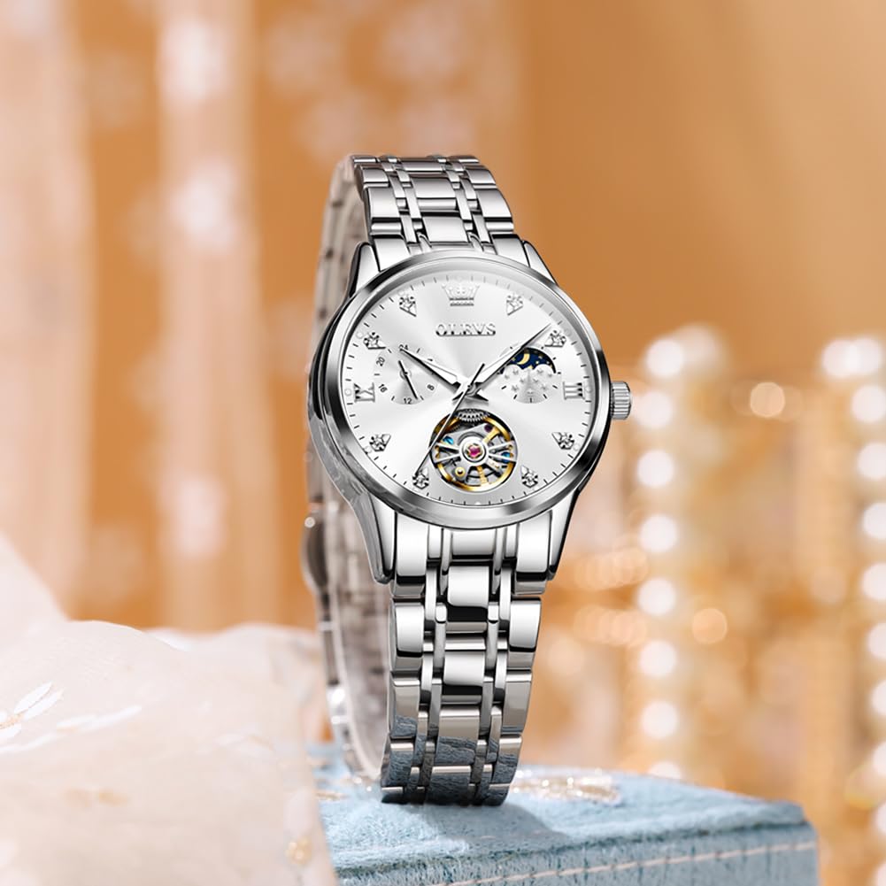 OLEVS Ladies Watch Mechanical Automatic Cute Arm Watch Ladies Watch Waterproof Luminous Diamond Sparkling Ladies Watch Date Ladies Watch White