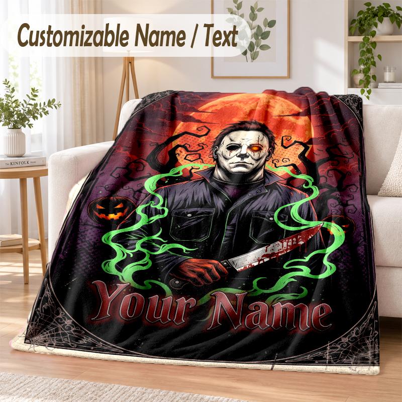 Halloween Michael Myers Custom Name Flannel Throw Blanket Soft Warm for Sofa Bed Indoor Home Use