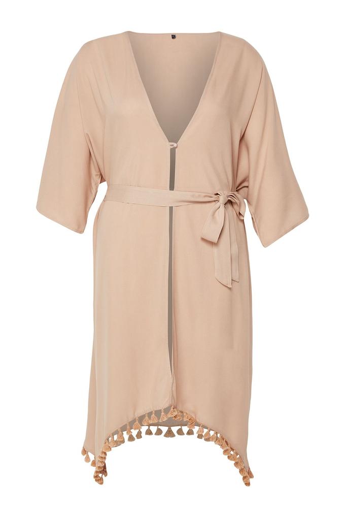 Women's Style Plus Size Beige Kimono & Kaftan with Tassel Hem