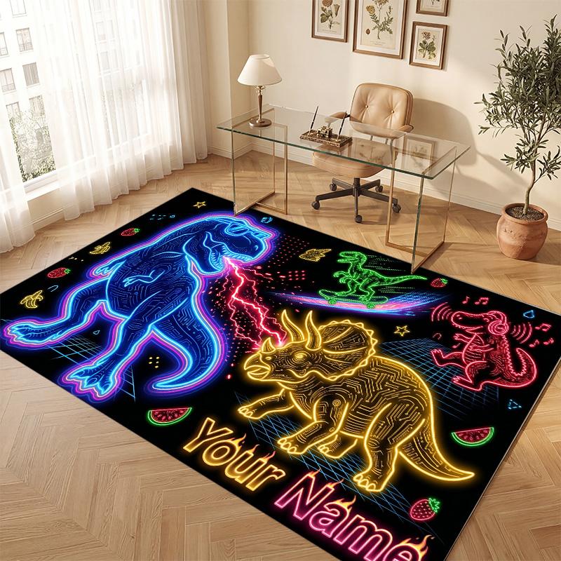 Dinosaur Theme Soft Crystal Velvet Rug Custom Name & Text Print Non Slip Floor Rug for Bedroom Living Room