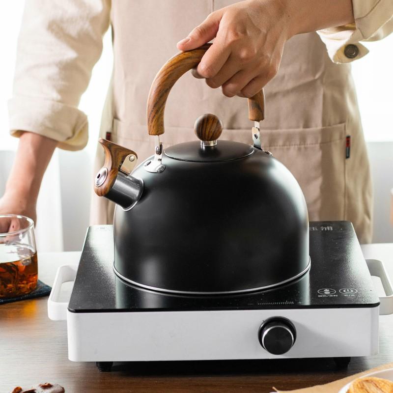 3L Stainless Steel Whistling Kettle With Wooden Handle Black Modern Stovetop Water Boiler Home Kitchen Bar