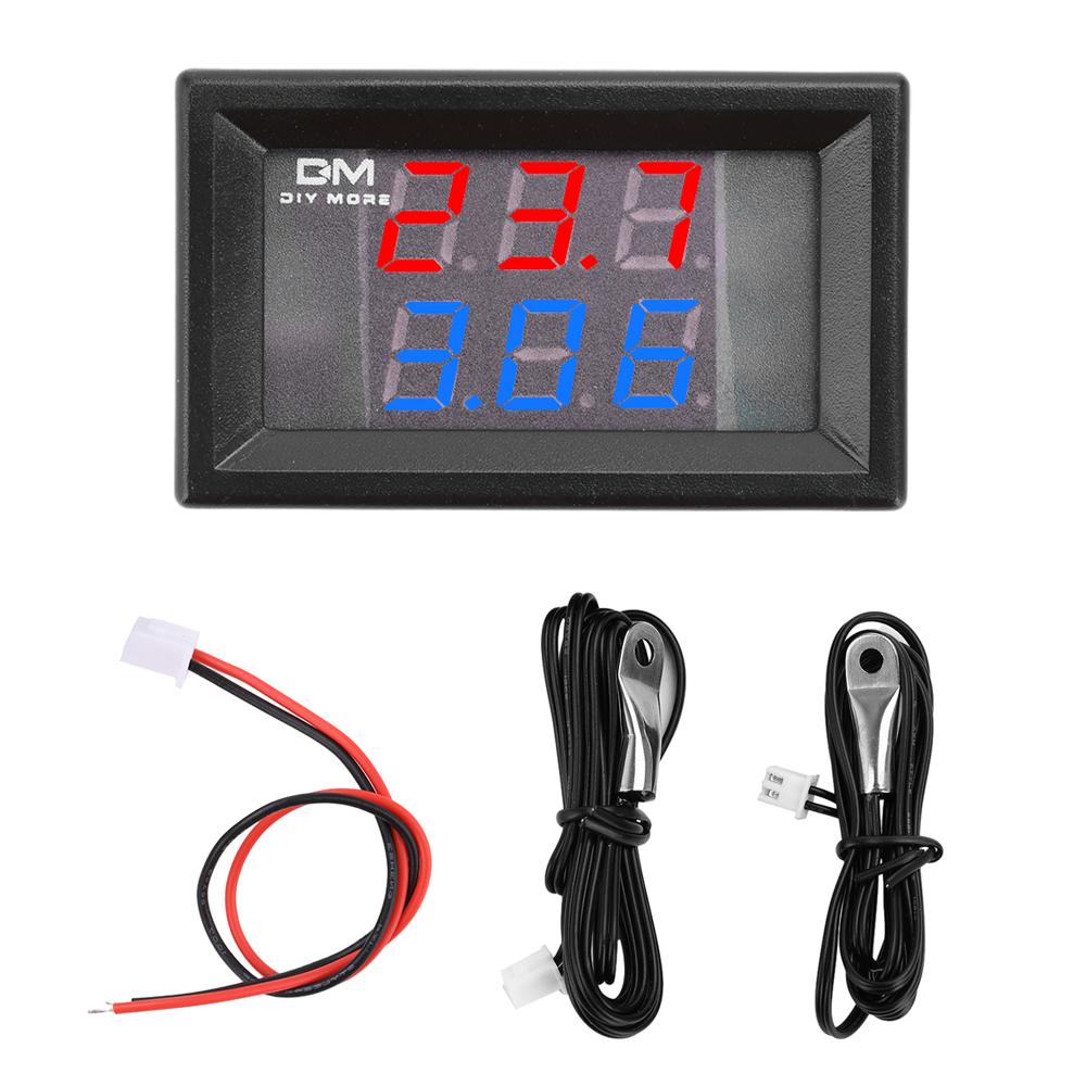Three-Digit Dual-Display Digital Thermometer With NTC Metal DC4-28V Waterproof Dual Probes Red and Blue Display