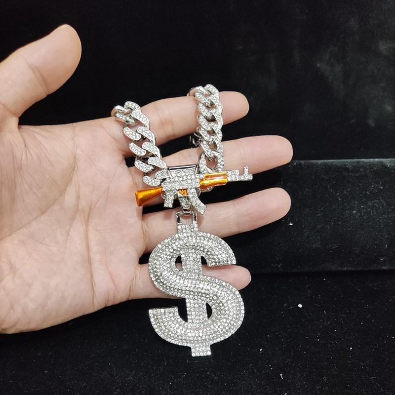 Ожерелье с подвеской в ​​форме доллара и пистолета в стиле хип-хоп для мужчин и женщин с кубинской цепочкой 13 мм, оригинальное ожерелье в стиле хип-хоп, модные очаровательные ювелирные изделия