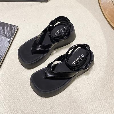 Модные черные сандалии с ремешками, женские летние новые квадратные босоножки с застежкой-клипсой, римские туфли на толстой подошве