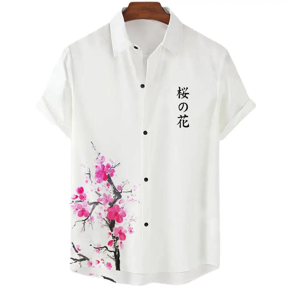 Japanese Aesthetic Cherry Blossom Print Men's Shirt Fashionable Luxury Lapel Button-down Shirt Casual Short-sleeved Tops