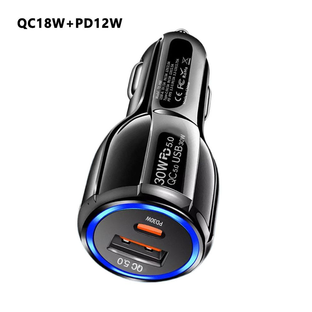 QC 3.0 & PD 12W 30W 2 Ports Car Charger Fast Charging Car Cigarette Lighter Flash Charge For Phones Car Adapter Socket