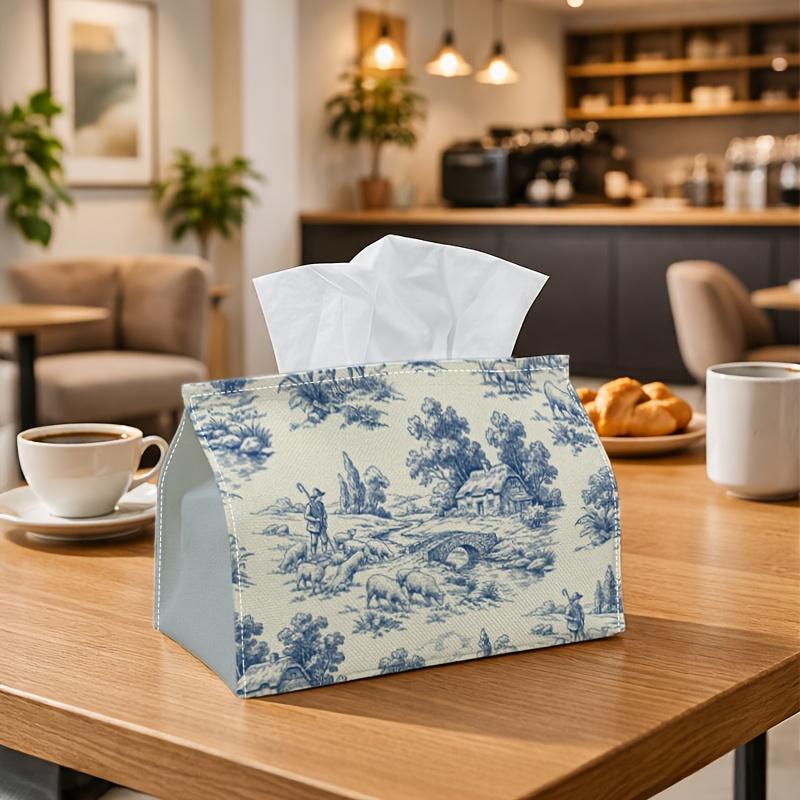 1pc Vintage Blue Toile Tissue Box - Pastoral Countryside Napkin Storage Box, Suitable for Rolls/facial Tissues/single Sheets, Multi-functional Storage