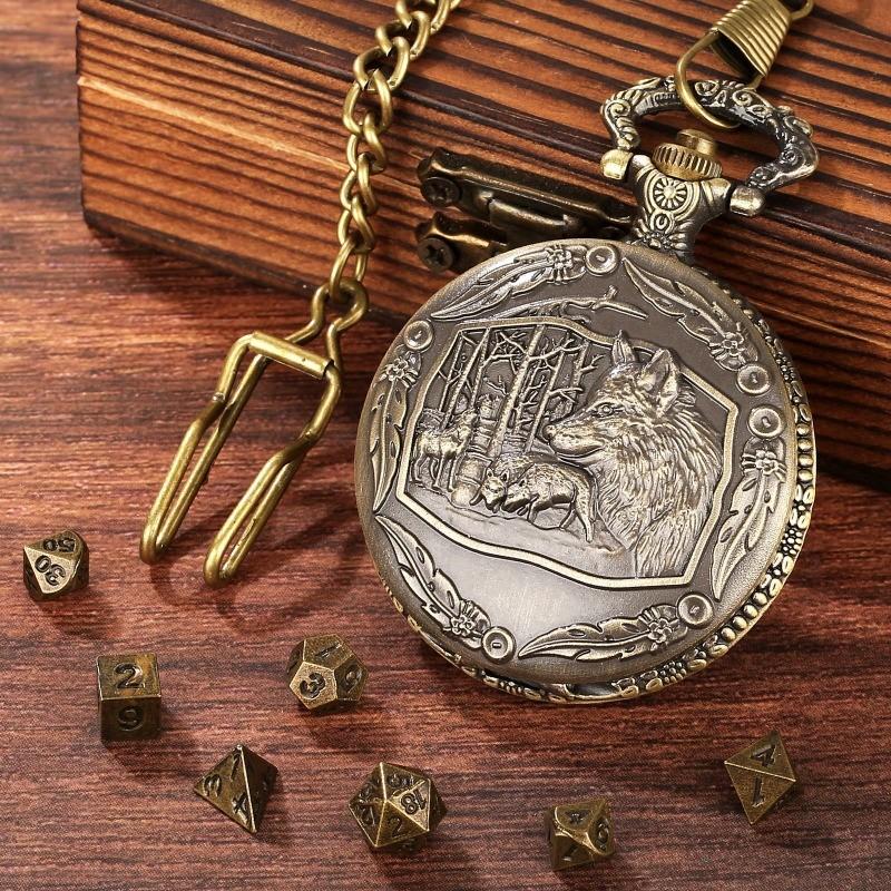 DND Dice Pocket Watch Case Bronze Wolf Head Thick Waist Chain Dices Board Game