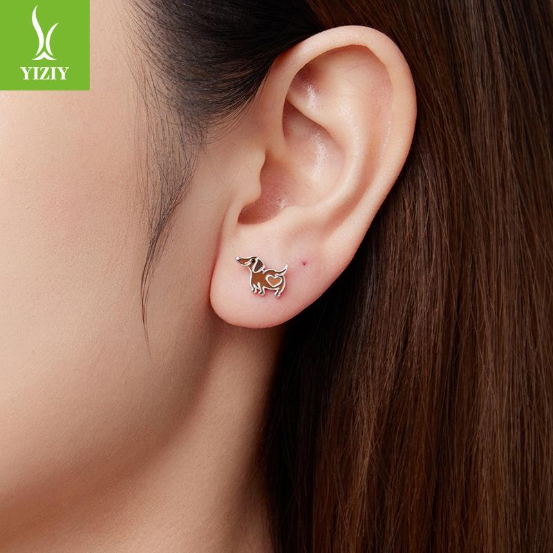 Animal Dachshund Dog Stud Earrings Cute Dog S925 Sterling Silver Oil Stud Earrings