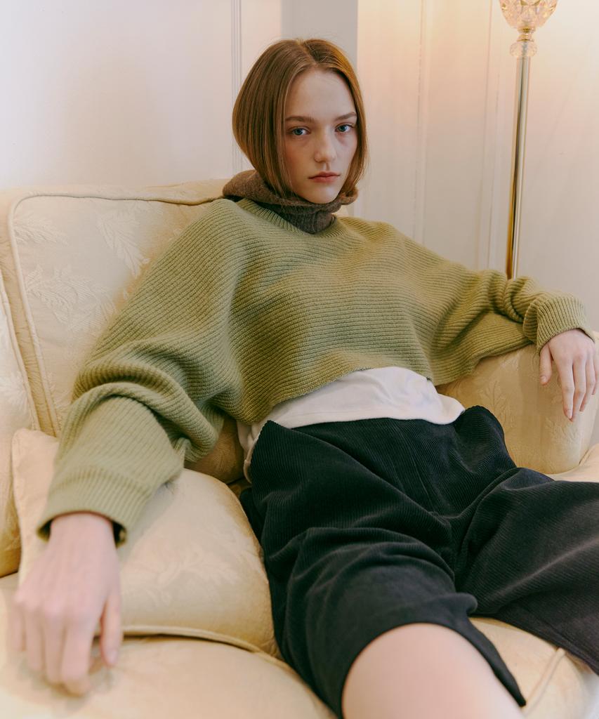 ETMON Round Crop Knit Top Olive Green
