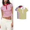 Summer New Product Women's Clothes Breasted Decorative Cotton Stripes Rib Lapel Short Sleeve Polo Shirt 0858154