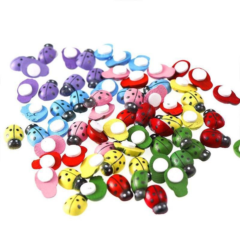 100Pcs Wooden Ladybird Sticker Lovely Cartoons Ladybug Colorful Buttons Children Kids DIY Craft Home Party Holiday Decoration