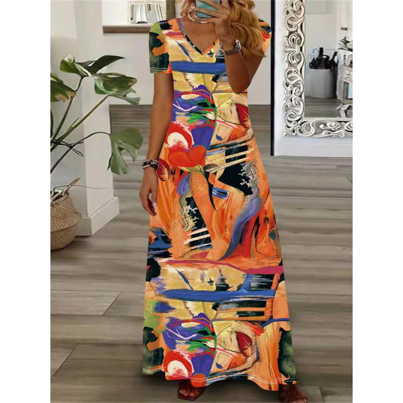 Женское летнее макси-платье с V-образным вырезом, короткими рукавами и длинным подолом, повседневное платье в этническом стиле с принтом в стиле бохо