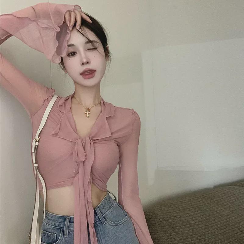 Женская рубашка с V-образным вырезом и длинными рукавами для защиты от солнца - сексуальный французский дизайн, коричневый, летний стиль