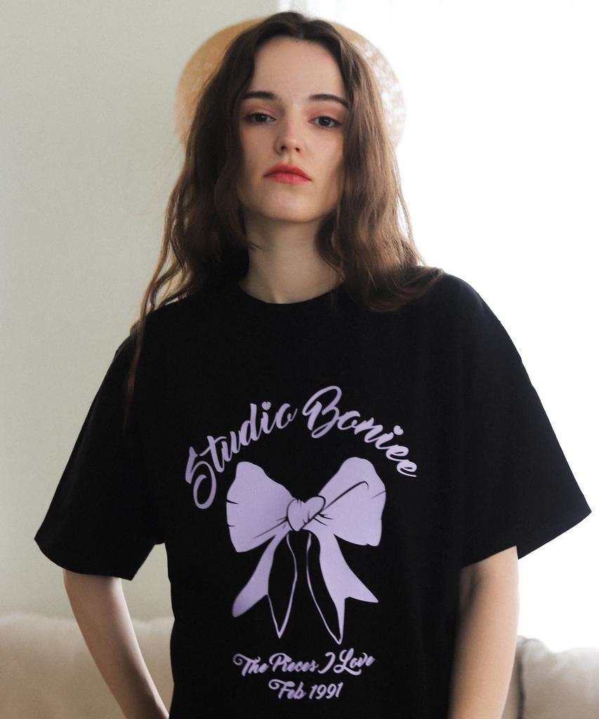 BONIEE Ribbon Graphic Loose Oversized T-Shirt Black