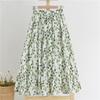 Qooth Spring Summer Women High-waisted Floral Printed Skirts Elastic Waist Elegant Casual Linen Cotton Midi Green Skirts QT1712