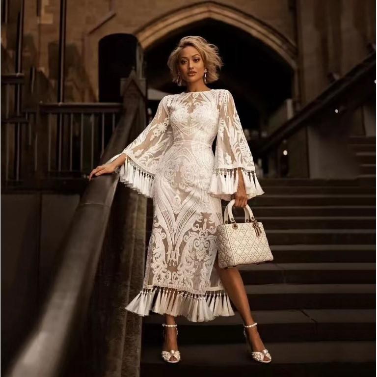 Women Wedding Bride Bridesmaids Elegant Round Neck Lace Tassel Long Sleeves Midi Long Dress Party Ball Gown