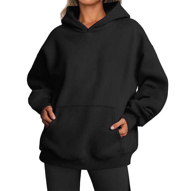 Women's Solid Color Fleece Hooded Sweatshirt - Autumn/Winter, Long Sleeve, Street Hip-Hop Style, Loose Fit, with Pockets.