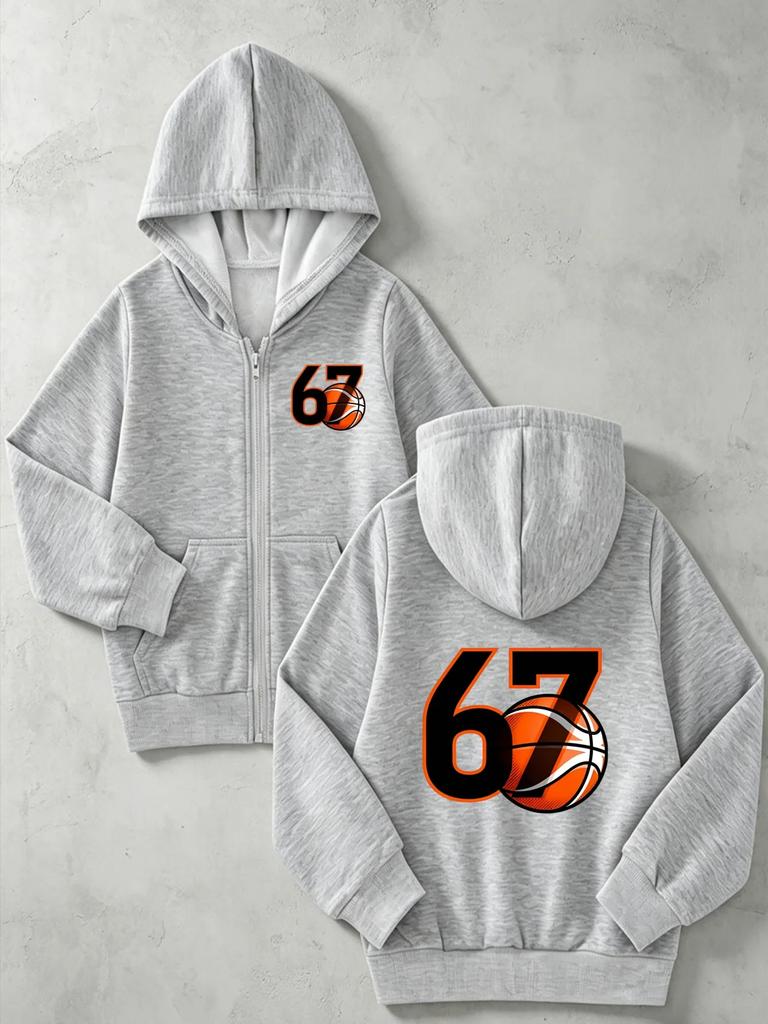 Kids Number 67 Basketball Graphic Zip Up Hoodie Loose Long Sleeve Hooded Jacket Sports Casual Outerwear For Boys Girls