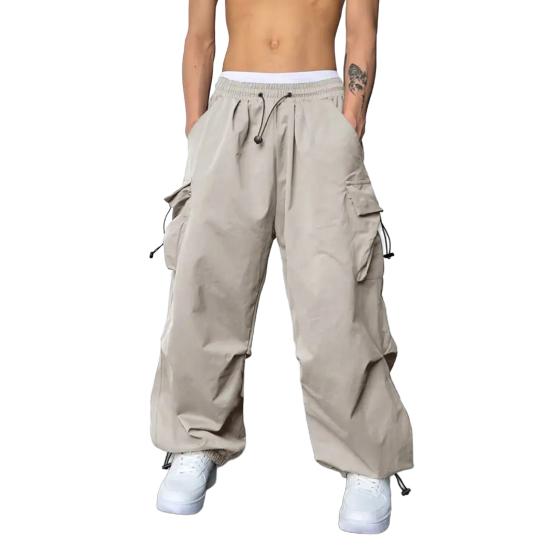 Men Casual Cargo Pants Hip Hop Baggy Trousers with Pockets Low-Rise Elastic Waist Drawstring Loose Pants for Spring Autumn Street Travel