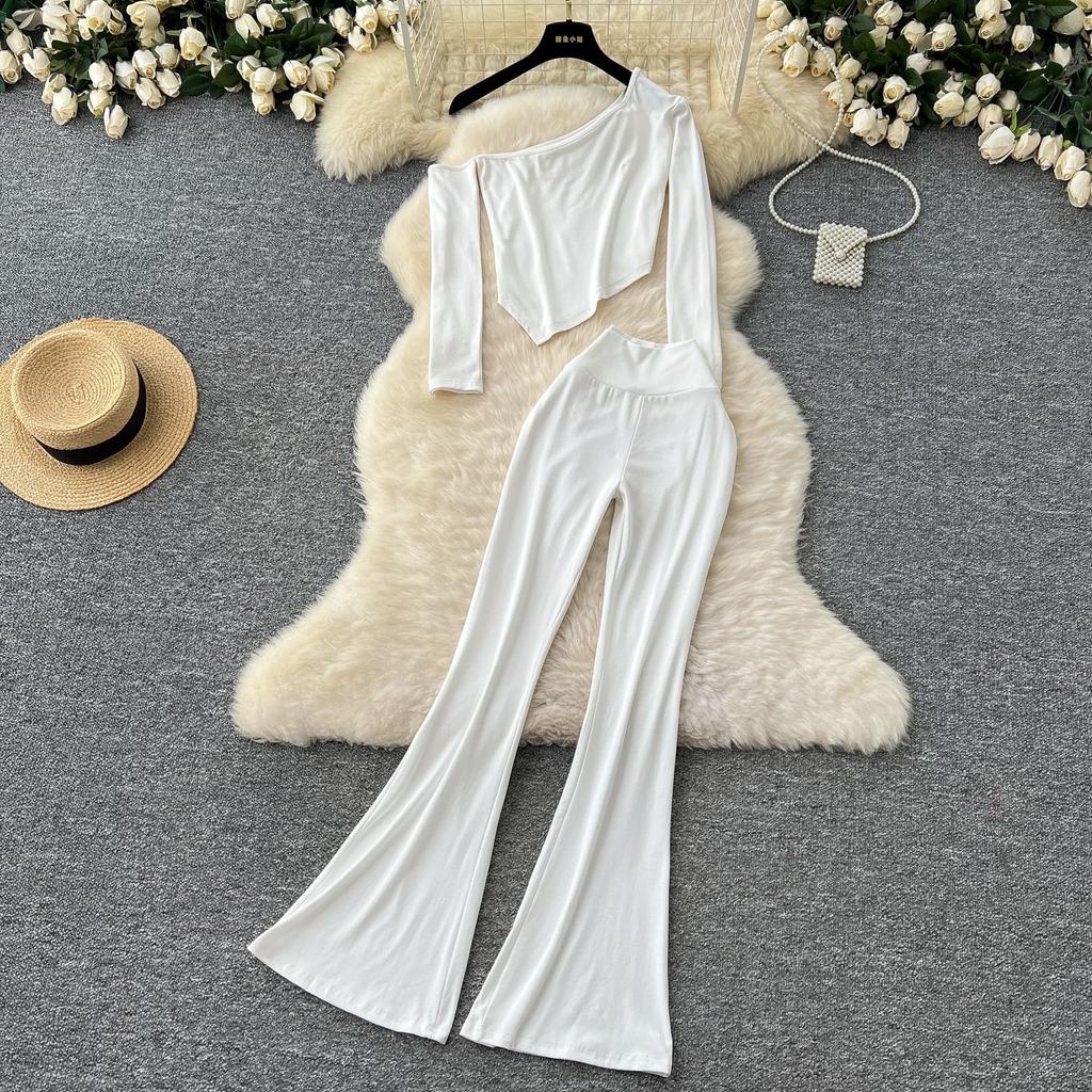 Сексуальная косая горловина без бретелек длинный рукав асимметричная футболка топ женский высокая талия тонкий пакет бедра микро брюки костюм