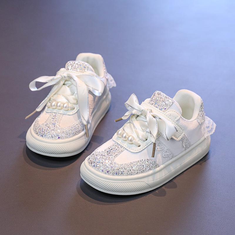 Girls' Crystal Sequin Casual Shoes2026New Spring and Autumn Non-Slip Soft Sole White Shoes for Children and Older Kids Sports Shoes