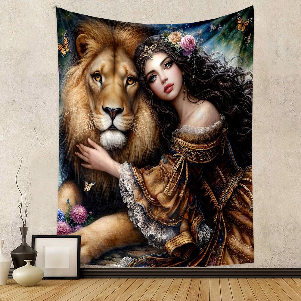 "Elegant Woman with Lion and Butterflies" Patterned tapestry home decor, suitable for bedroom and living room, gift