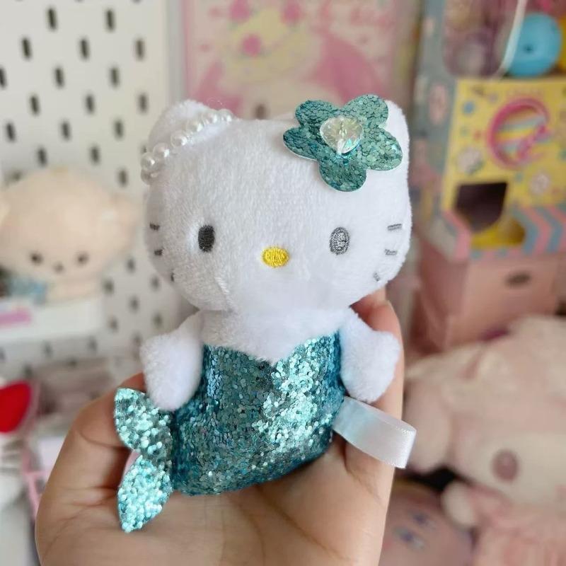 Sanrio Shiny Mermaid Hello Kitty Plush doll Keychains blink pink Kitty cat toy Pendant Anime Cartoon Mermaid Plushie Key ring