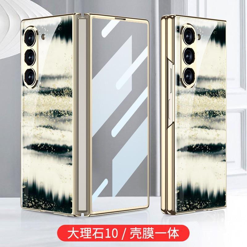 Fold6 Phone Case Shockproof Electroplated Glass Cover With Marble Print Design Galaxy Z