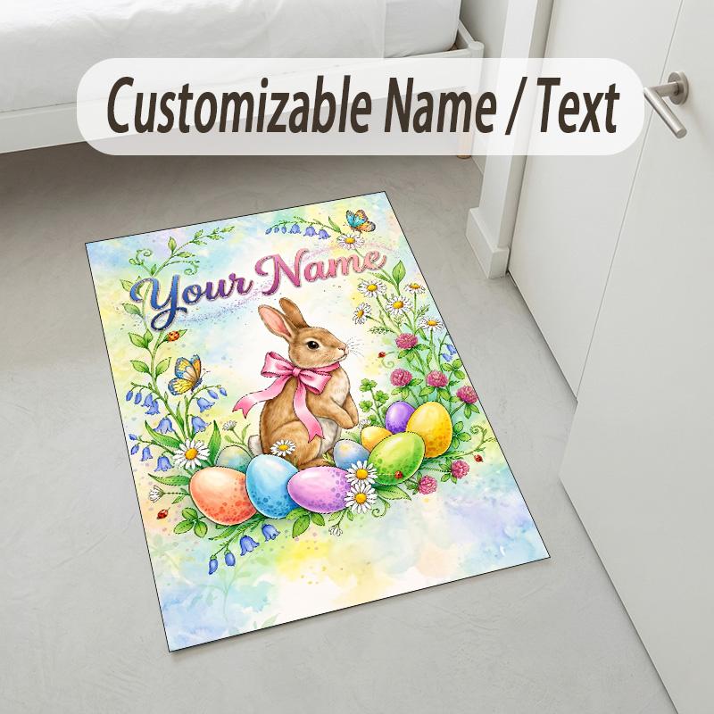 Easter Bunny Theme Crystal Velvet Rug Personalized Custom Name Text Soft Floor Mat Home Decor