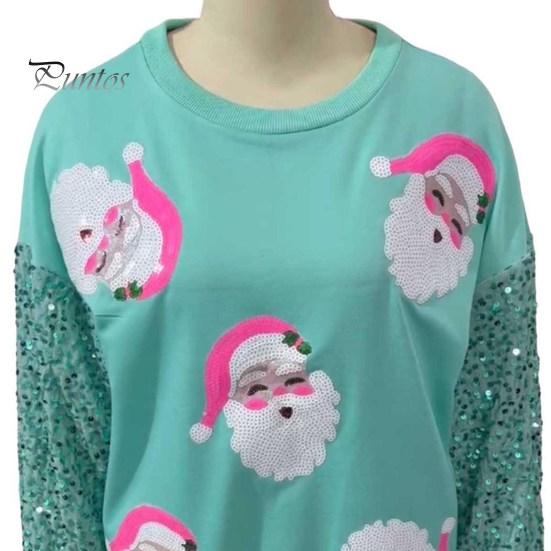 Women Christmas Sweatshirt Sequin Cartoon Pattern Round Neck Long Sleeve Loose Mid Length Pullover Party Holiday Top