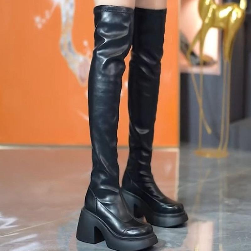 Fashion Womens Thick-heeled Over-the-knee Boots High Heeled High Quality Fad White Long Boots Women Heightened Elastic Boots Boats Mujer