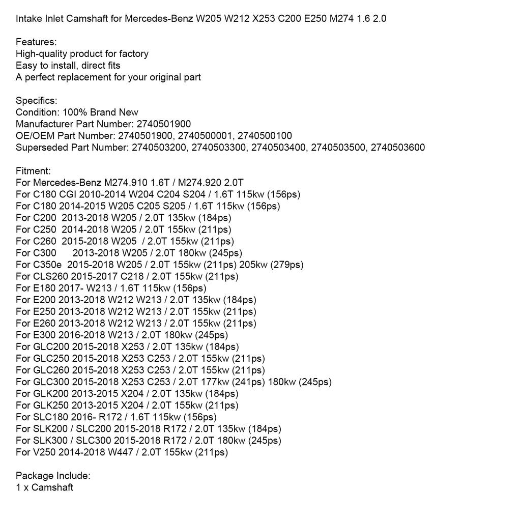 Впускной распредвал для Mercedes-Benz W205 W212 X253 C200 E250 M274 1.6 2.0