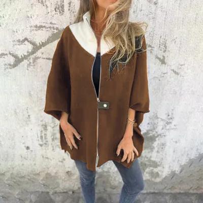 Осенне-зимняя женская куртка со свободным воротником-стойкой, цветной застежкой-молнией, рукавами три четверти, повседневная куртка средней длины для повседневной носки