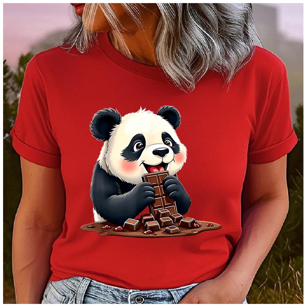 Unisex 100% Polyester Summer Top Happily holding the chocolate panda Print Loose round Neck Short Sleeve Fashion for Lovers