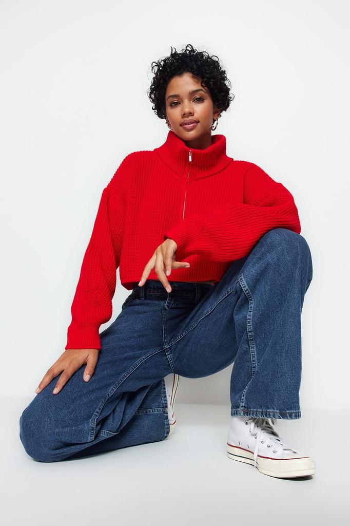 Женский свитер в элегантном стиле, суперукороченный трикотаж с застежкой-молнией и камнем