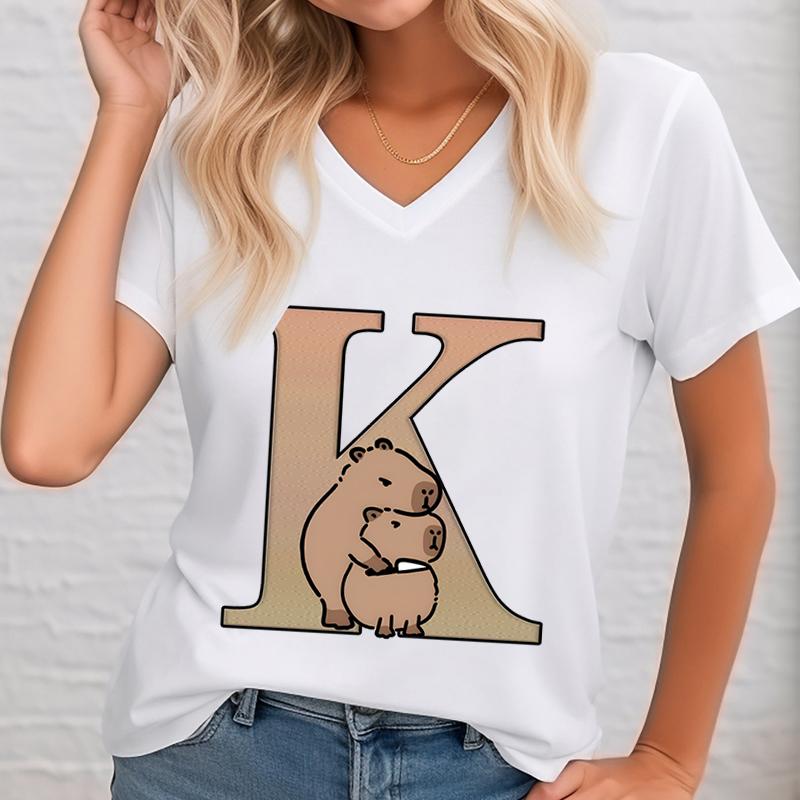 Funny Cute Capybara 26 Alphabet Unisex Tshirts Cartoon Animal Surname First Letter Az Short Sleeve Tops V Neck Capybara Tshirt