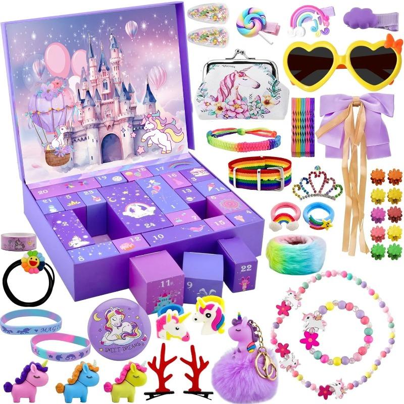 Hot Pink Christmas Advent Calendar Box for Girl Gift Mermaid Unicorn Princess Dress Up Jewelry Hairpin 24Day Countdown Calendar Gift Box