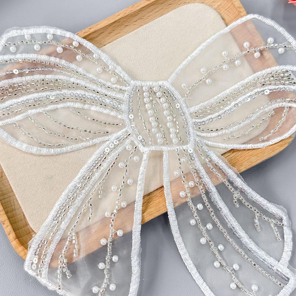 White Beaded Organza Bow Patch Sticker Clothing T-Shirt Top Children'S Clothing Decorative Cloth Sticker Accessories