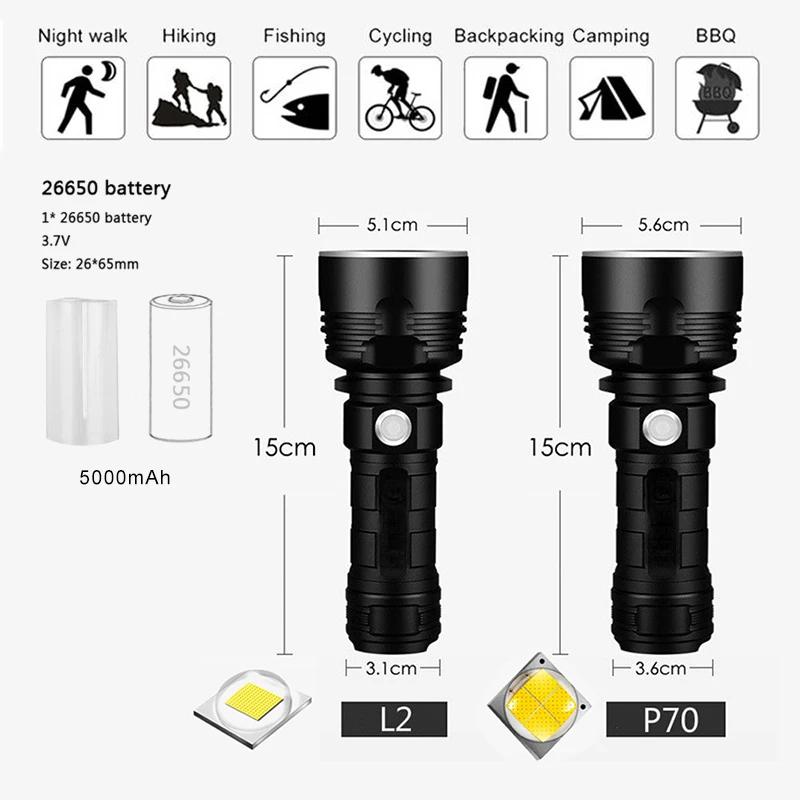 L2 P70 Powerful LED Flashlight USB Rechargeable Tactical Torch 26650 Battery Waterproof Camping Lantern Outdoor Emergency Lamp