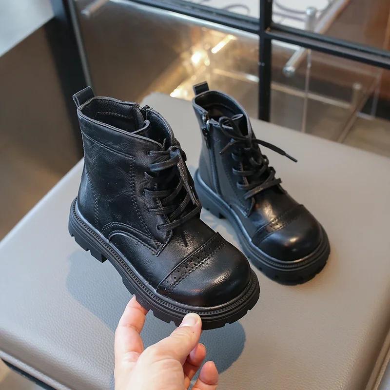 Детские ботильоны на платформе, простые пэчворк, кожаные ботинки для девочек, модные детские повседневные короткие ботинки, черные, коричневые, универсальные, нескользящие