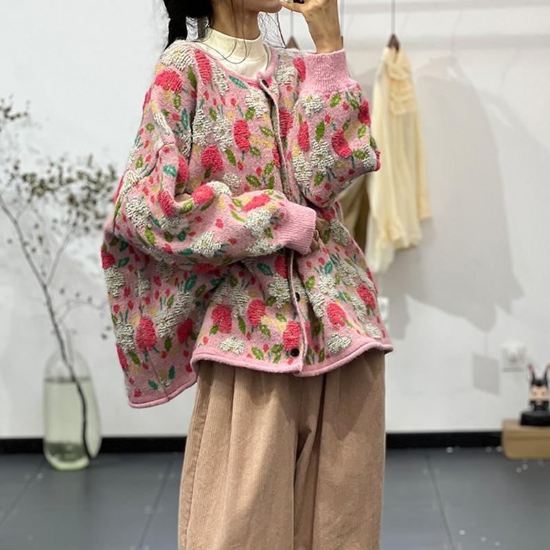 Зима Новинка Плюс Размер Осень Женщины Цветочные Пуговицы Свитера Куртка Вязание Мода Оверсайз Повседневный Стиль Свободный Кардиган Свитер