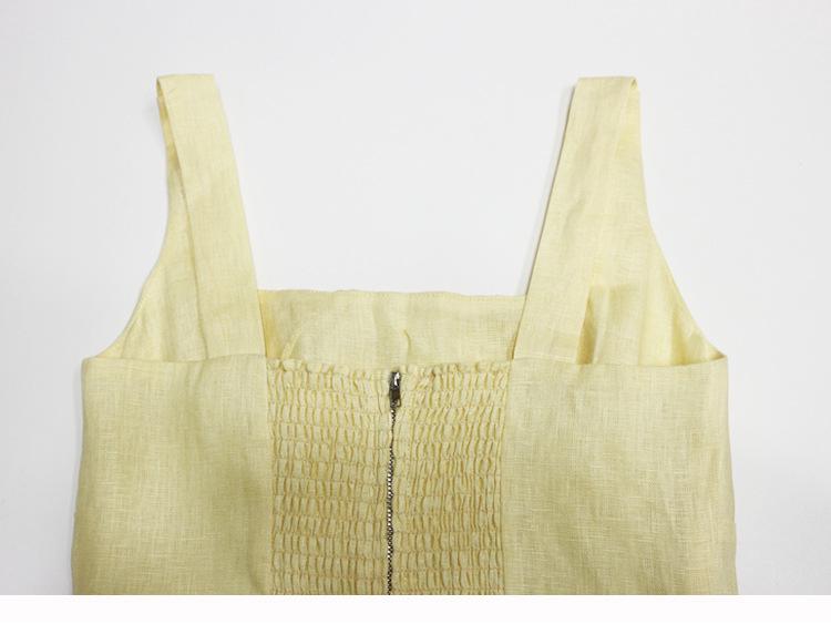 В наличии: Летнее желтое льняное платье миди с квадратным вырезом в французском стиле для отпуска, 2025