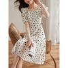 Puff Sleeve Dress Summer New High-waist Slim French Square Collar Polka Dot Skirt