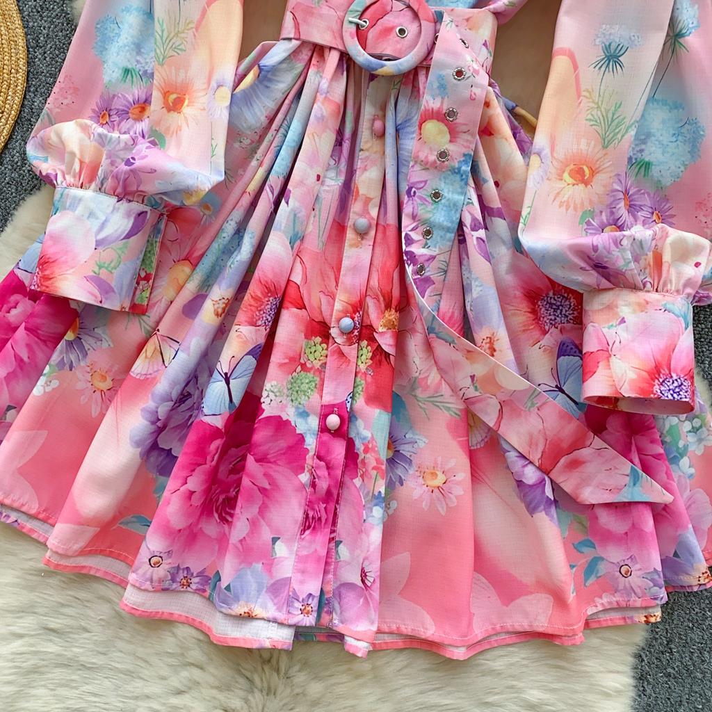 Spring Summer Women Elegant Lantern Sleeve Ruffles Mini Short Princess Holiday Party Dresses With Belt