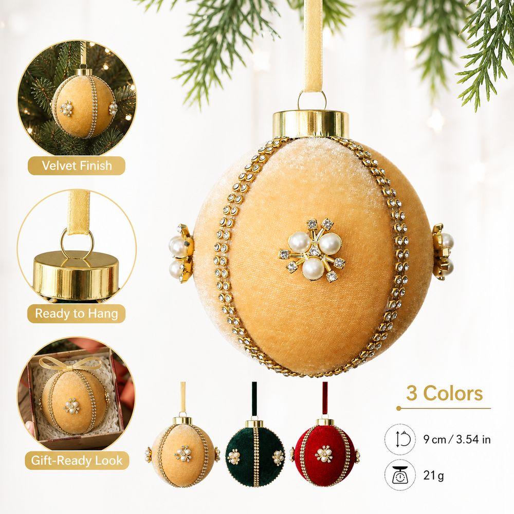 Velvet Finish Christmas Ball Ornament Rhinestone Trim Hanging Ball Ornament Festive Decorations