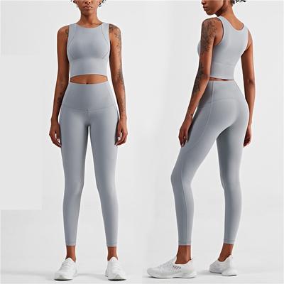 Однотонный женский комплект для фитнеса и йоги, полный комплект, утолщенный бюстгальтер, укороченный топ, леггинсы, комплект из 2 предметов, устойчивый к приседаниям, одежда для спортзала