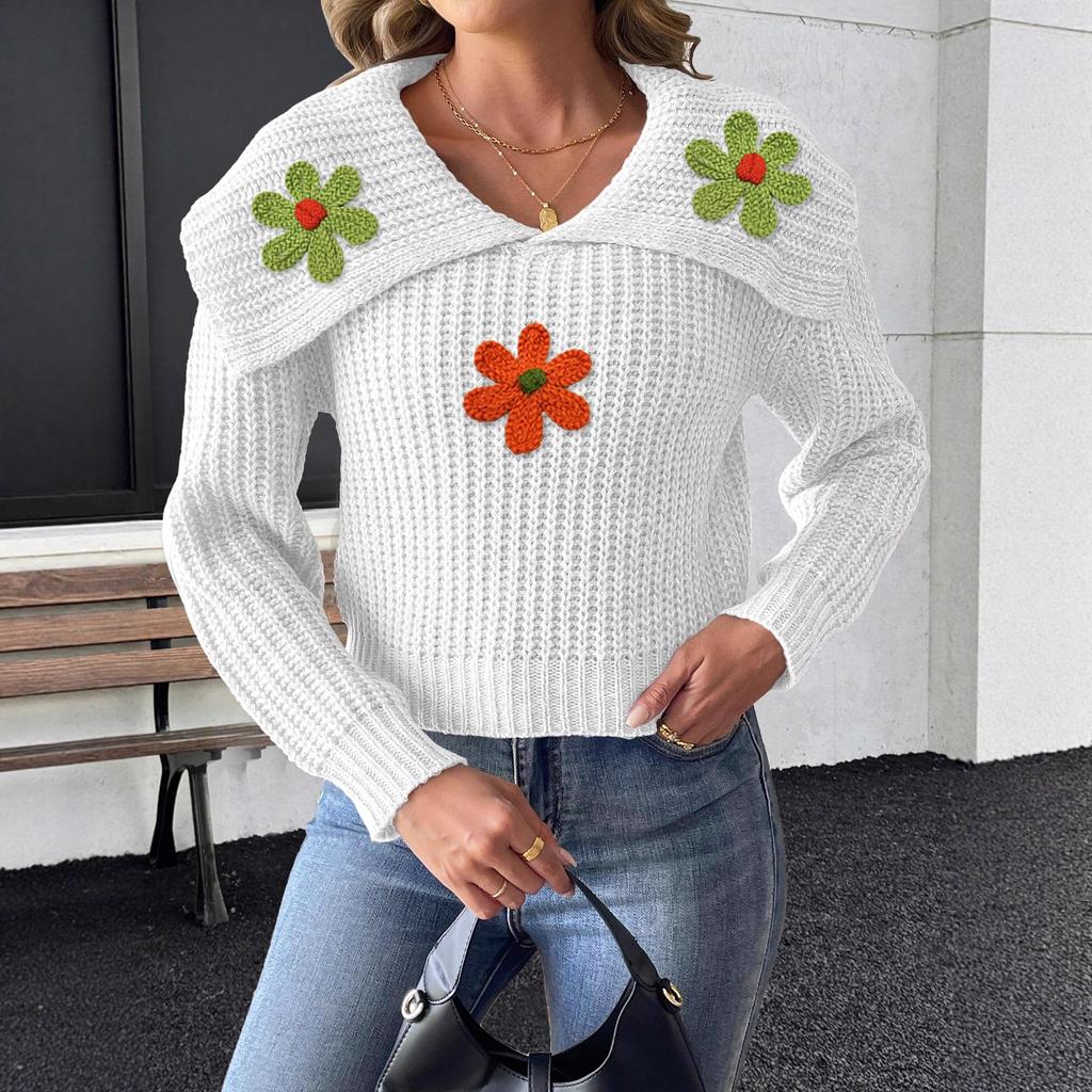 Short Top, Sweater, Large Lapel, Embroidered Flower Patchwork Pullover Sweater for Women